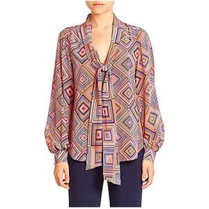 Trina Turk Bow Tie Silk Geometric‎ Blouse Size XS
